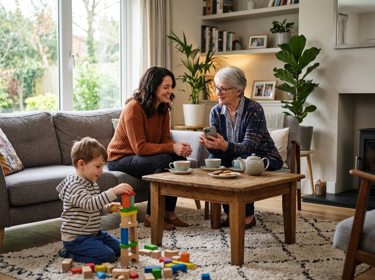 A multi-generational family sitting together in a cozy living room
